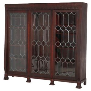 Large Beveled Glass Mahogany Carved Triple Door Bookcase