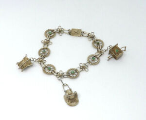 Vintage China Export Silver Ornate Filigree Jadeite Jade Charm Bracelet 8 6g