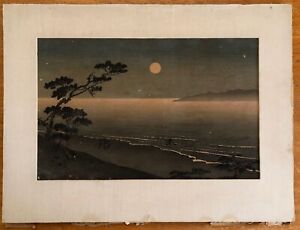 Asian Woodblock Print Image Of Moonlit Beach And Water 