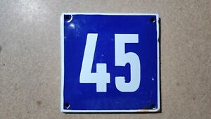 Vintage Enamel Sign Number 45 Blue House Door Street Plate Metal Porcelain Tin