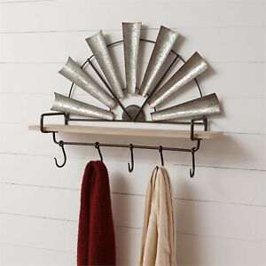 Windmill Shelf With Hooks In Distressed Metal And Wood