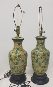 Antique Vintage Chinese Yellow Enamel Cloisonne Lamps Vases Floral As Is