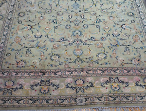 9 7 X 13 5 Antique Kashann Signed Birds Handmade Wool Pistachios Green Rug