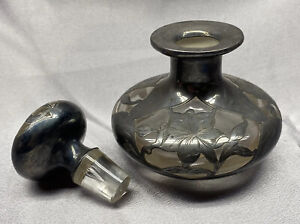 Antique Fine Silver Overlay Crystal Glass Perfume Bottle Art Nouveau Floral 999