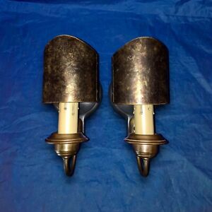 Pair Antique Iron Brass Wall Lights Sconces Fixtures With Mica Slip Shades 36a