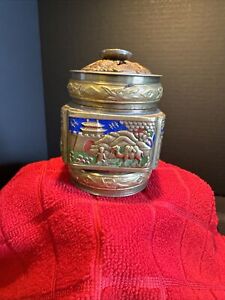 Antique Vintage Chinese Brass Tea Caddy Champleve Enamel 1900s Camels Great Wall