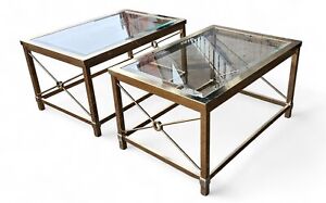Pair Mid Century Brass Glass Top Side Tables Style Of Mastercraft C1970s