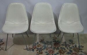 Set Of Three Vintage 1960s Herman Miller Dkx 1 Chairs White Leather Seats