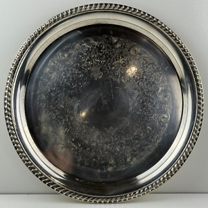 Wm Rogers Silverplate Tray Round 12 Etched Floral Scroll Design Rope Edge