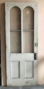 1 Antique Exterior 34x88 Vtg Shabby White Double Arched Glass Door Old 1391 22b