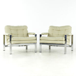 Milo Baughman Style Mid Century Italian Flatbar Lounge Chairs Pair