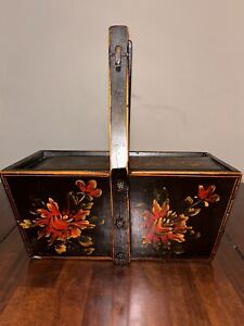 Antique Chinese Handmade Handpainted Lacquer Handled Wedding Box Slide Lid