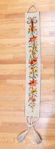 Vintage Crewel Embroidery Bell Pull Floral Linen Hand Stitched Hanger 61 X6 