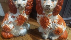 Antique English Staffordshire King Charles Spaniel Large Dogs Figurine