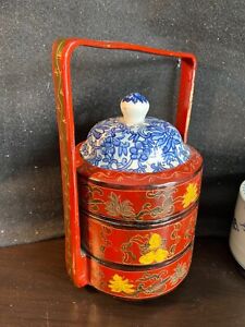 A Chinese Lacquer 3 Tiers Box With Porcelain Cover 