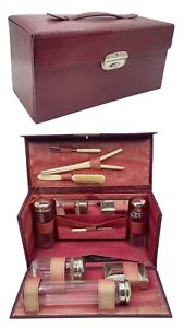 Antique Edwardian Red Leather Silk Lined Ladies Travel Vanity Box Necessaire