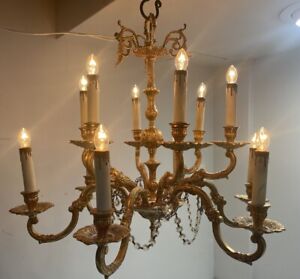 Antique Gilded Bronze 12 Light Chandelier W Prisms Elegant Vtg French Lighting