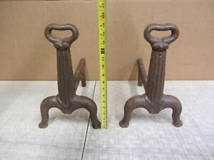 Set Of 2 Vtg Antique Lodge 15 Cast Iron Fireplace Andirions Log Dogs Heavy Deco