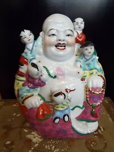 Signed Vintage Large Chinese Famille Rose Happy Buddha Statue W Kids Good Luck