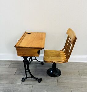 Antique Kenney Bros Cast Iron Wooden School Desk Chair 1890 1910