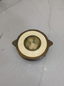 Antique Celluloid Woman Portrait Candy Dish Dresser Jewelry Vanity Box Pin