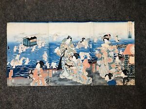 Y5733 Woodblock Print Yoshiiku Ohi River Sightseeing Triptych Japan Ukiyoe Art