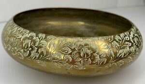 Antique Handmade Brass Bowl Hand Carved Floral Design Made In India Rare Vintage