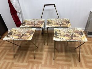 Vintage Folding Table Set 4 W Carrier Mid Century Modern Tv Tray Metal Stand Lot