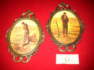 2 Italy Convex Oval Beveled Glass Ornate Metal Frames Man Woman Peasant Farmers