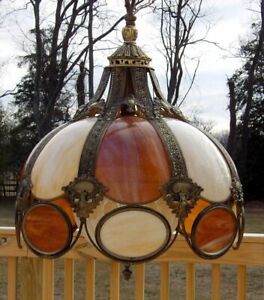 Vintage Hollywood Regency Slag Stained Glass Hanging Light Chandelier Shade