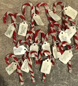 Set Of 15 Primitive Made Chenille Candy Canes Christmas Ornaments W Grubby Tags