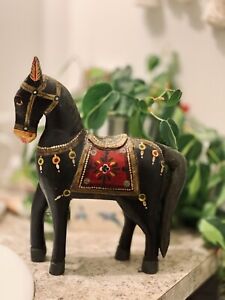 Vintage Indian Hand Painted Solid Wooden Hand Carved Horse Sculpture Statue