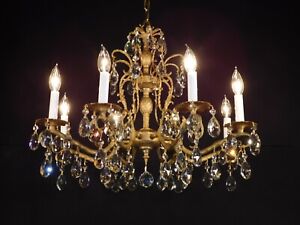 Antique Brass Dore Finish Pineapple Cut Lead Crystal Chandelier