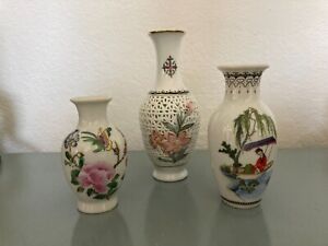 3 Chinese Miniature Floral White Porcelain Vases
