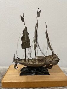 Antique Chinese Export Silver War Junk Boat Ship On Wood Stand