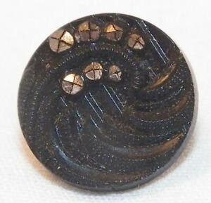 Antique Black Glass Button Dome Cut Steels Swirl Wire Shank Victorian 41