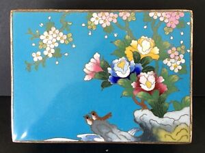 Vintage Rare Japanese Inaba Blue Hinged Cloisonn Box Birds Flowers Mid Century