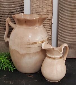 Antique Stained Crazed English Ironstone Pitcher Set Of 2 Brown Stained Gold