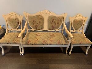 Antique Parlor Furniture Set Painted Love Seat 2 Matching Chairs On Casters