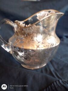Antique Sterling Silver Overlay Glass Pitcher Cambridge Grapes 8 Inches Tall
