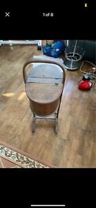 Antique Sewing Table Stand Cabinet Flip Top Side Oval Wood With Accessories