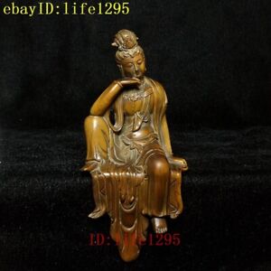 Old Chinese Boxwood Hand Carved Avalokitesvara Kwan Yin Buddha Statue H 13 Cm