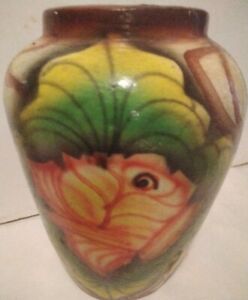 Rare Antique Hibiscus Japanese Awaji Pottery 8 5 Tall Vase Beautiful Flaw