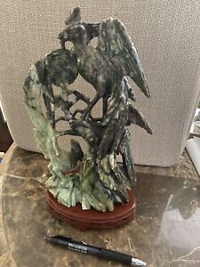 Chinese Hand Carved Green Jade Phoenix Birds Flower W Wood Stand 10 5 Tall