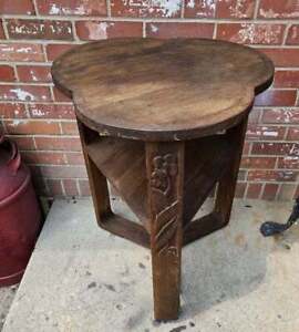 Vintage Oak Plant Fern Stand Table 2 Tier Clover Top Carved Floral Legs