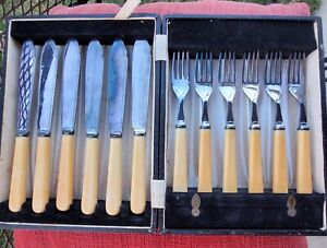 Sheffield Etched Silver Plate Faux Bone Celluloid Knife Fork Set 6 In Box