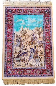 Signed Isfahann Kalbaft Pictorial Rug Carpet Desert Polo 40 X 27 Inch