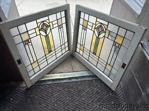 Pair Of Antique Stained Leaded Glass Windows From Chicago Circa 1920 28 X25 