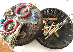 Antique Sewing Basket With Assorted Scissors Tools