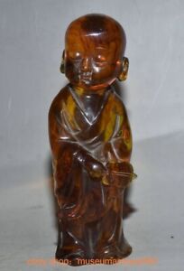 8 8 Ancient Chinese Natural Amber Tongzi Child Fan Statue Sculpture